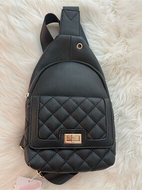 Quilted Black Crossbody Sling Bag with Gold Turn-Lock